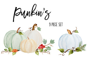 Watercolor Fall Pumpkins, Leaves