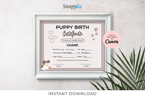 Editable Puppy Birth Certificate, a Print Template by Snapybiz