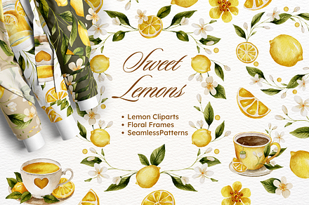 Lemon Watercolor Floral Bundle, a Decorative Illustration by Red Ink