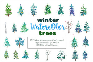 Winter Watercolor Trees Clipart