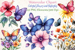Colorful Flowers and Butterflies Cli, an Illustration by DreamCafeArt