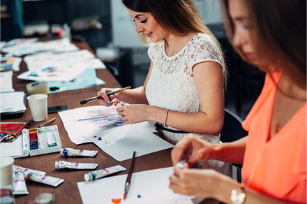 Female friends attending painting workshop together stock photo containing, a School & Education Photo by undrey