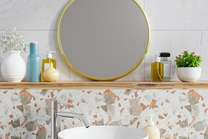 Modern bathroom interior with sink basin faucet and mirror.