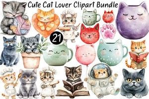 Watercolor Cute Cat Lover Clipart, a Seasonal Illustration by CitraGraphics