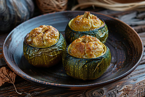 Zucchini stuffed with cheese and meat on wooden table, a Food & Drink Photo by AlyaAnd