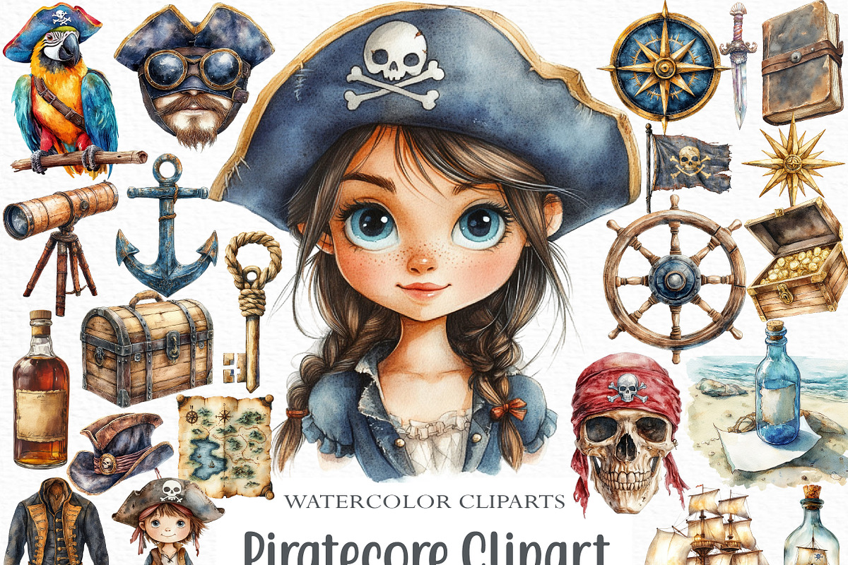 Watercolor Piratecore Clipart Bundle, an Illustration by Craft Nest (Photo 1 of 6)