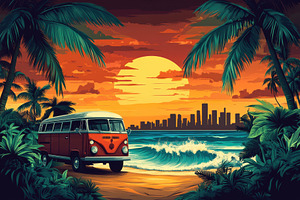 Vintage VW Bus Tropical Beach Sunset, a Photo by Pixeness Studio