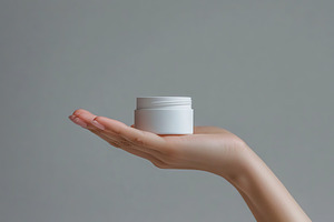 Female model hand holding cosmetic jar on grey background, a Beauty & Fashion Photo by AlyaAnd