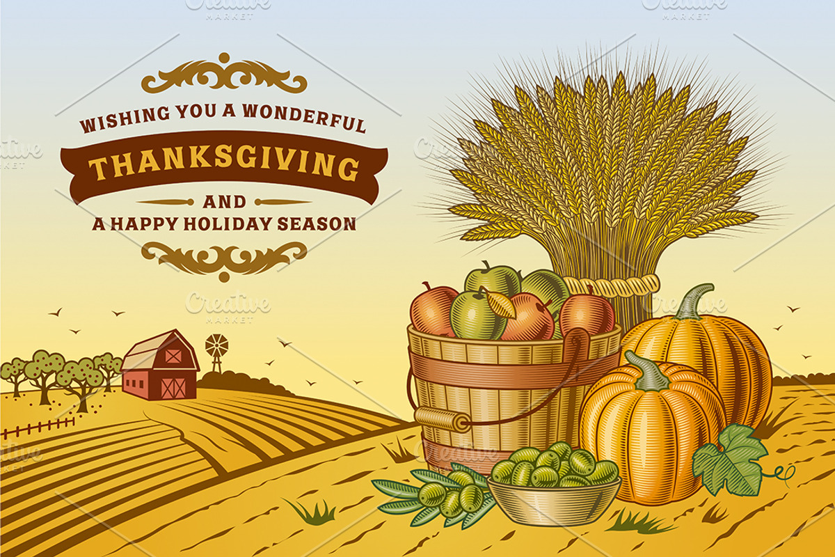 Vintage Thanksgiving Landscape, a Food Illustration by Retro Graphics