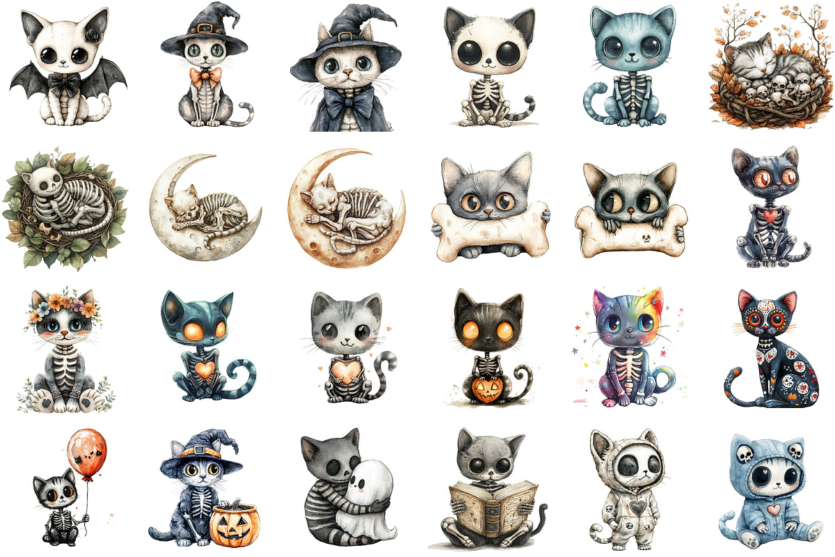 Cute Skeleton Cat Clipart, an Illustration by Sublimation Artist (Photo 2 of 6)