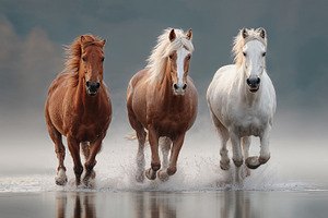 Horses running through shallow water at early morning, an Animal Photo by OSORIOartist