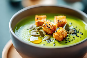 Vibrant soup with croutons and seeds, a Food & Drink Photo by AlyaAnd