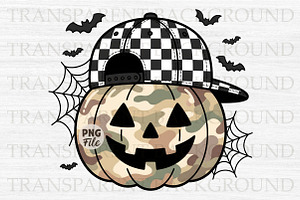 Camo Pumpkin with Checkerboard Hat, a Seasonal Illustration by Libby Wishes