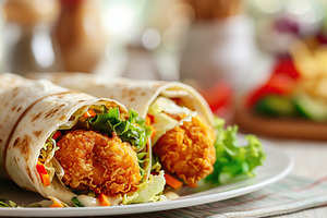 Tortilla wrap with chicken and fresh vegetables in plate on blurred background, a Food & Drink Photo by AlyaAnd