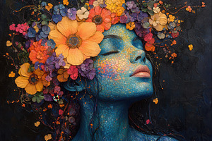 Colorful floral portrait depicting a, a Photo by Tanuart