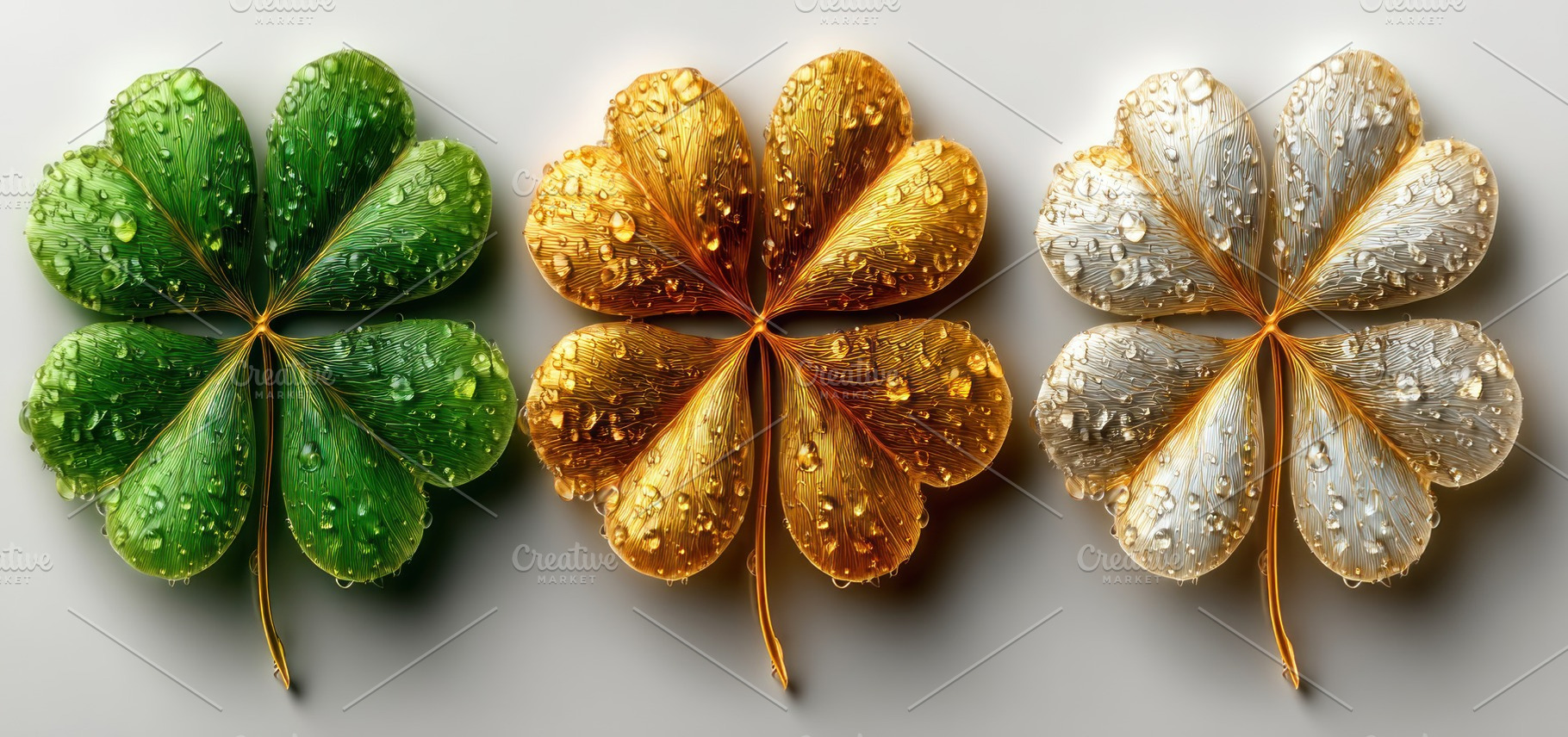 Three detailed four leaf clovers in green gold and silver with w, a Nature Photo by José Manuel Gelpi