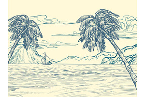 palm trees sea contour silhouette, an Illustration by studiostoks