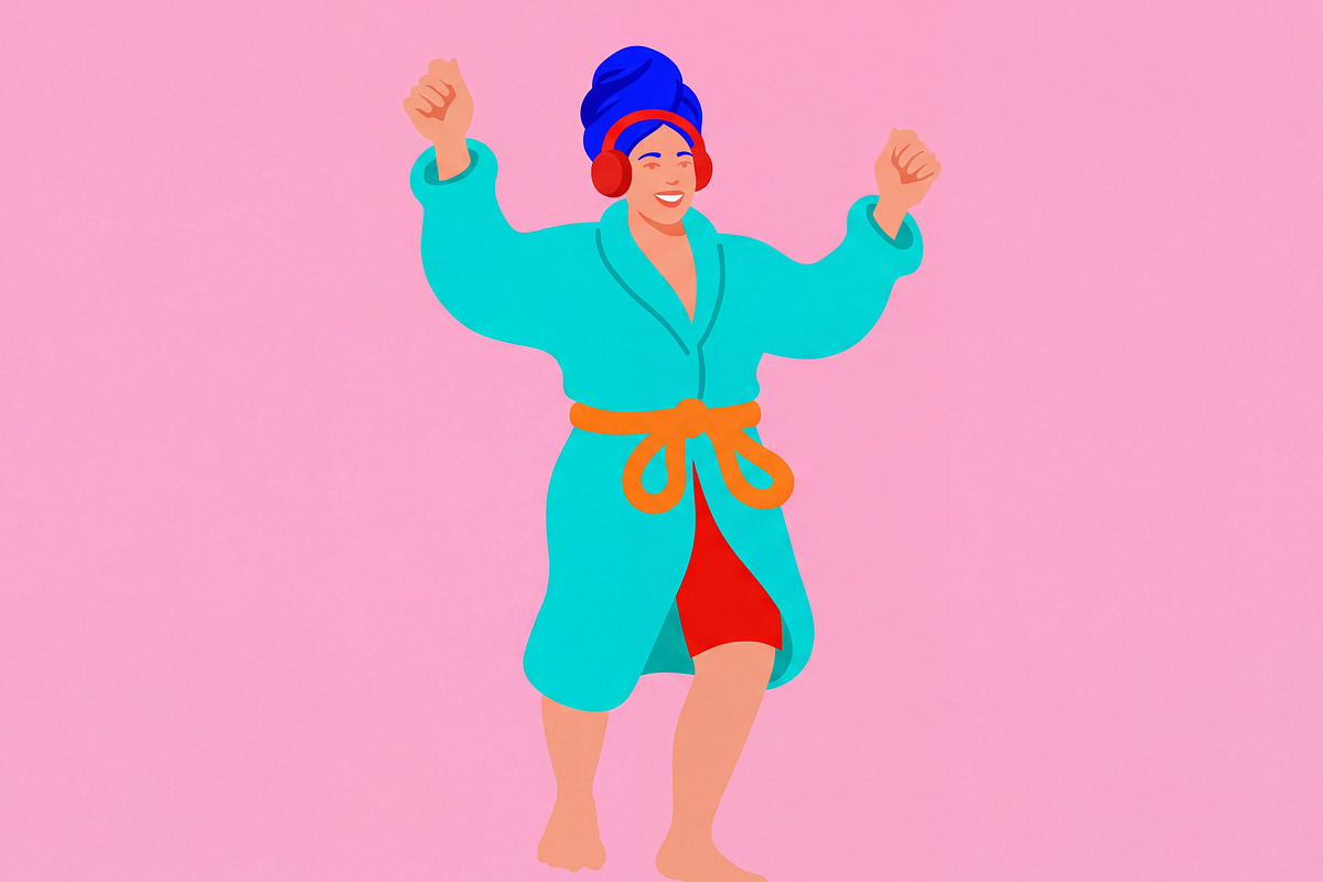Cheerful Woman in Bathrobe Dancing, a Person Illustration by Virgo Studio