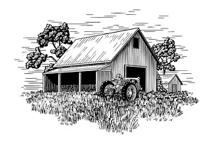 Old Farm Tractor and Barn, a Transportation Illustration by blue67sign