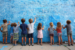 Children create a colorful mural, a Photo by Pavel_design