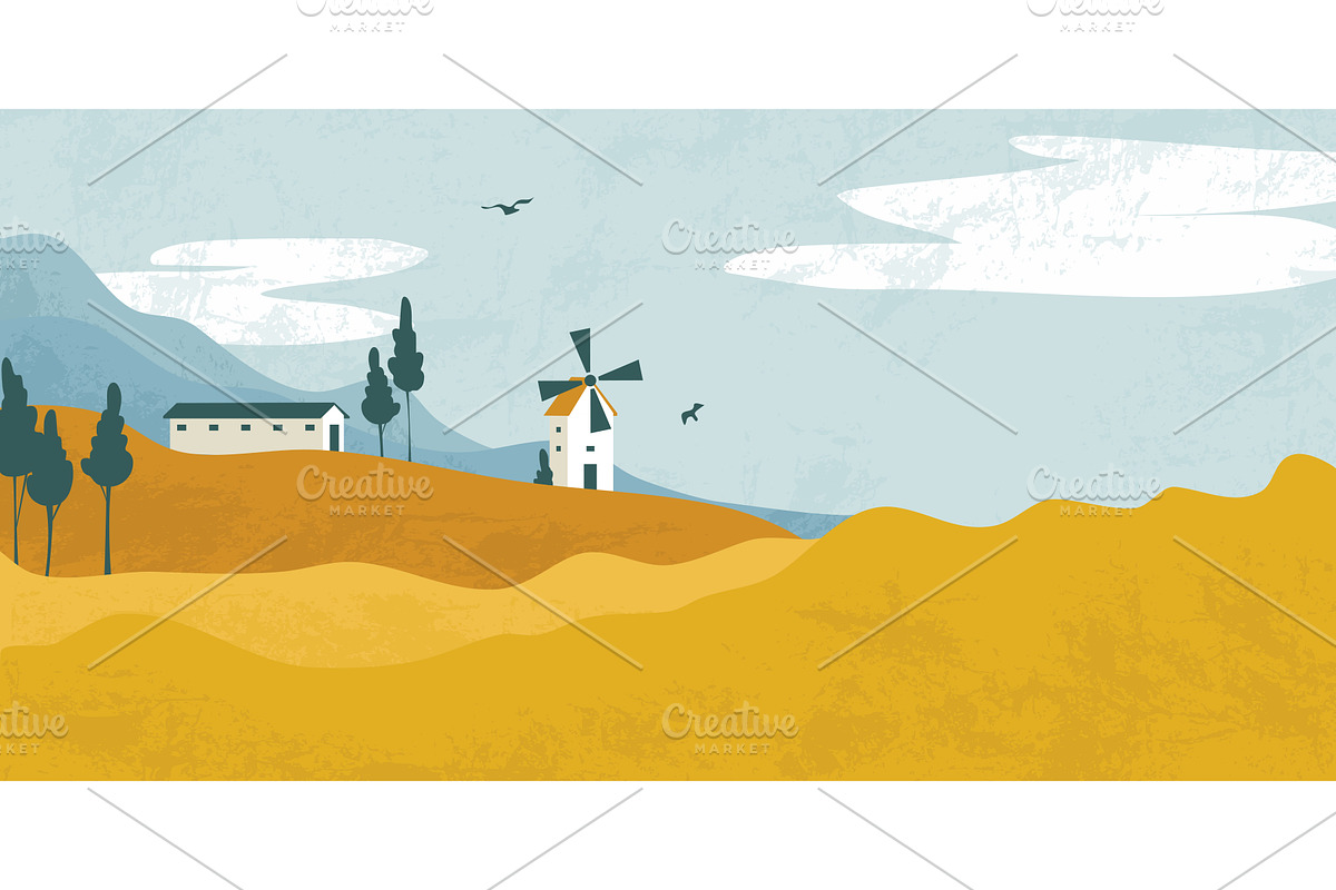 Autumn landscape, golden fields and, an Illustration by art PVP - market