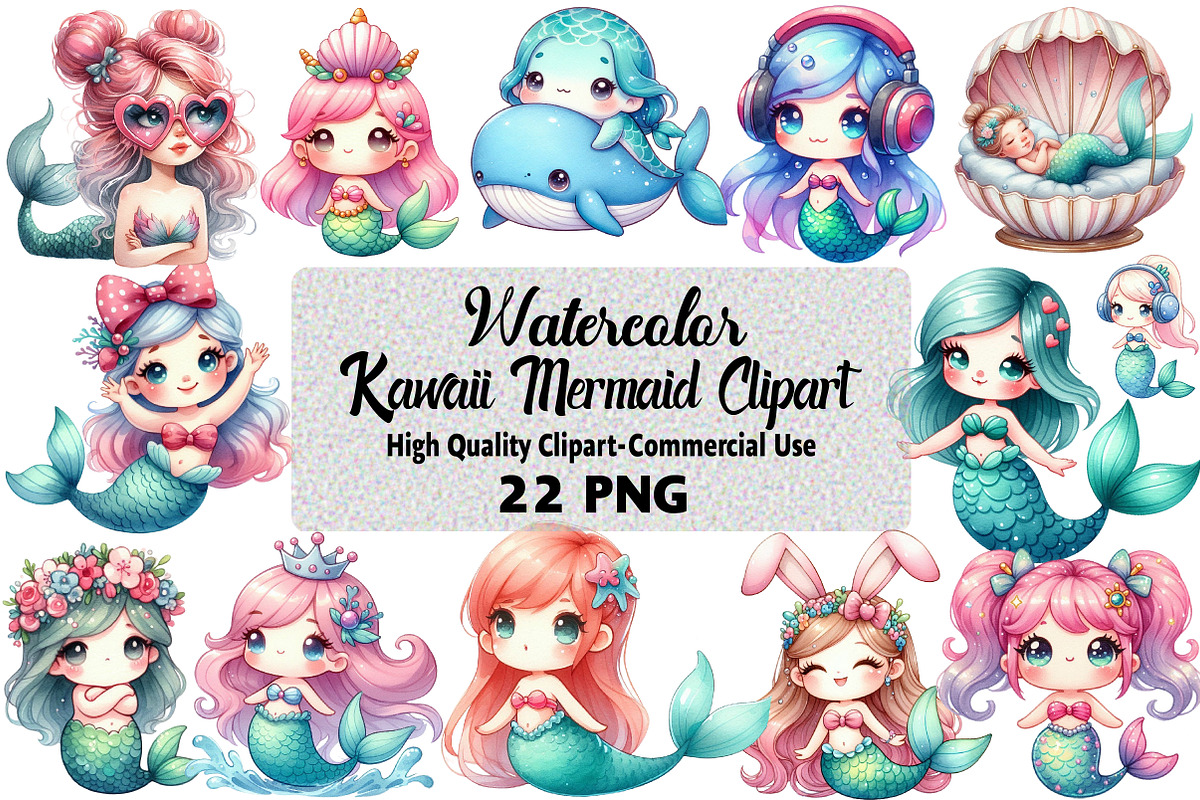 Kawaii Mermaid Clipart Bundle, an Illustration by Daily.Designs (Photo 1 of 4)