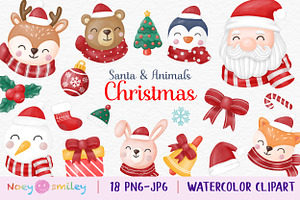 Watercolor Santa & Animals Clipart