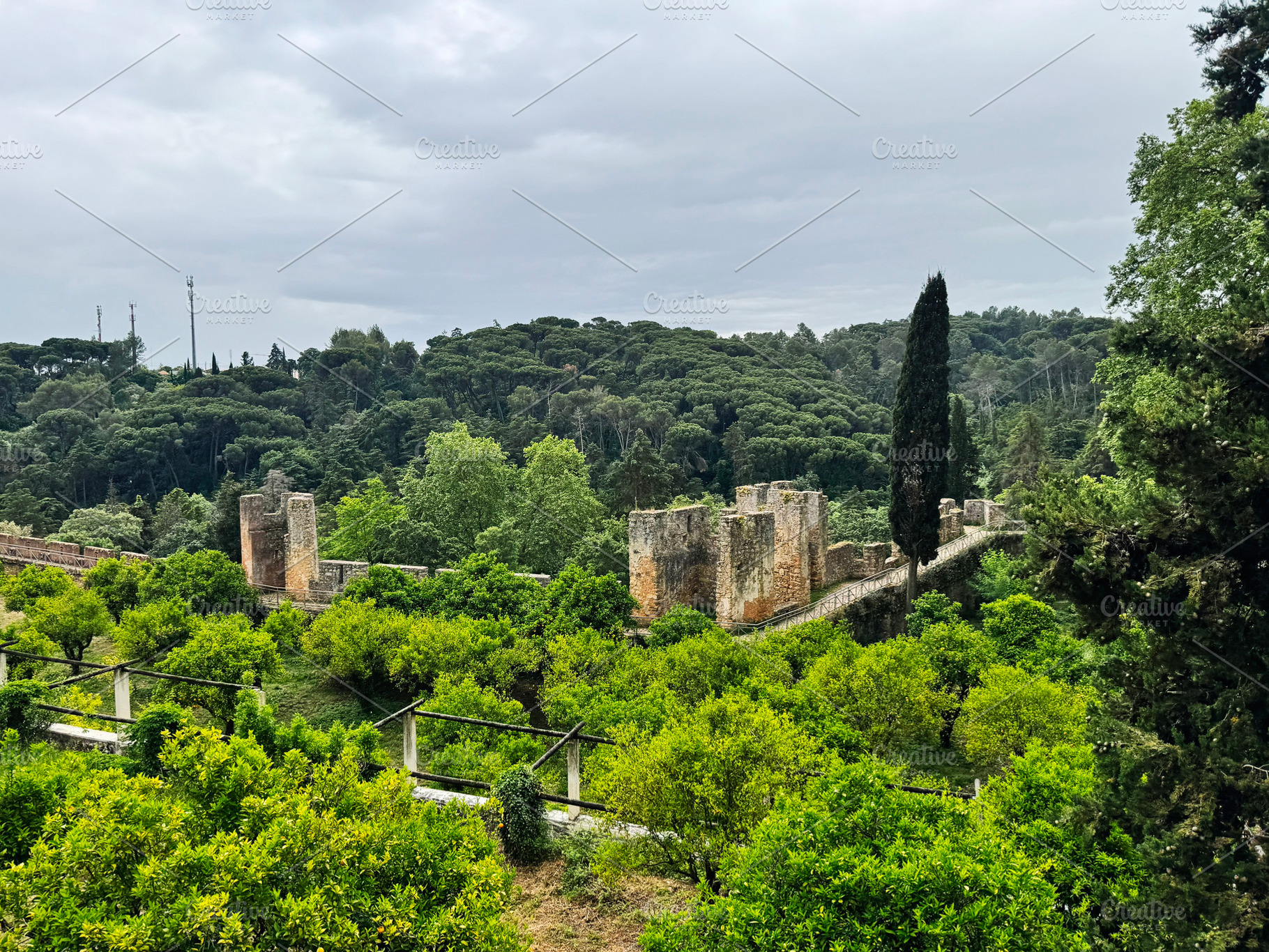 Lush greenery surrounding Tomar castle with cloudy skies in the background, a Photo by AS photostudio