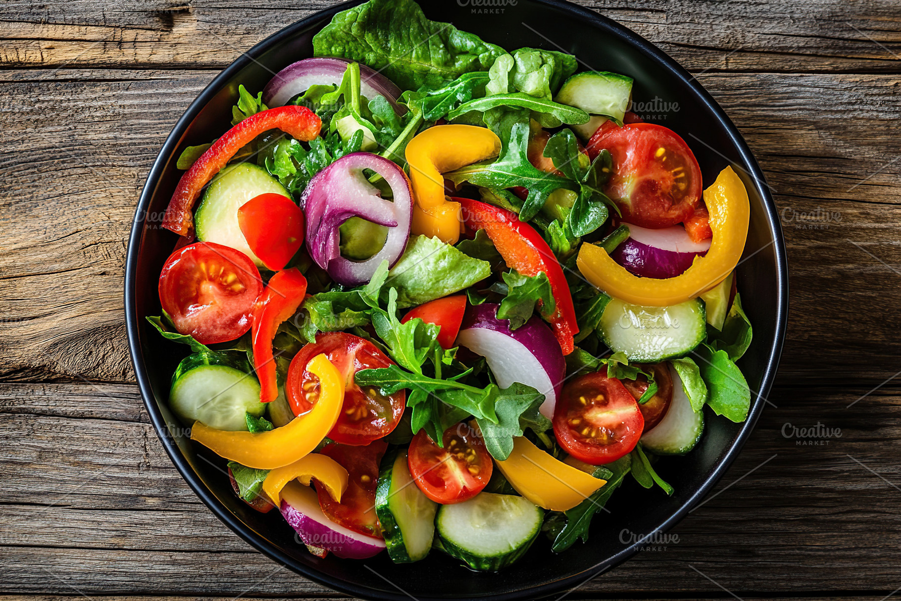 Fresh salad with vegetables in bowl, organic healthy food, a Food & Drink Photo by AlyaAnd