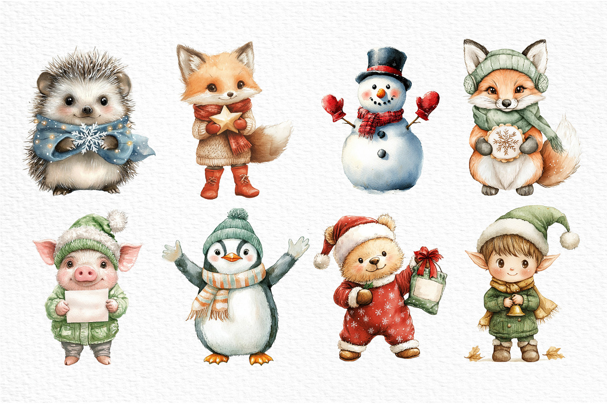 Watercolor Cute Christmas Characters, an Illustration by Craft Nest (Photo 3 of 6)