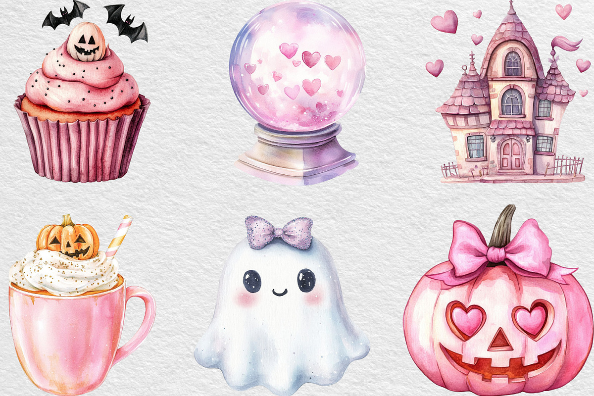 Watercolor Pink Halloween Clipart, an Illustration by Black Bird Studio (Photo 6 of 6)
