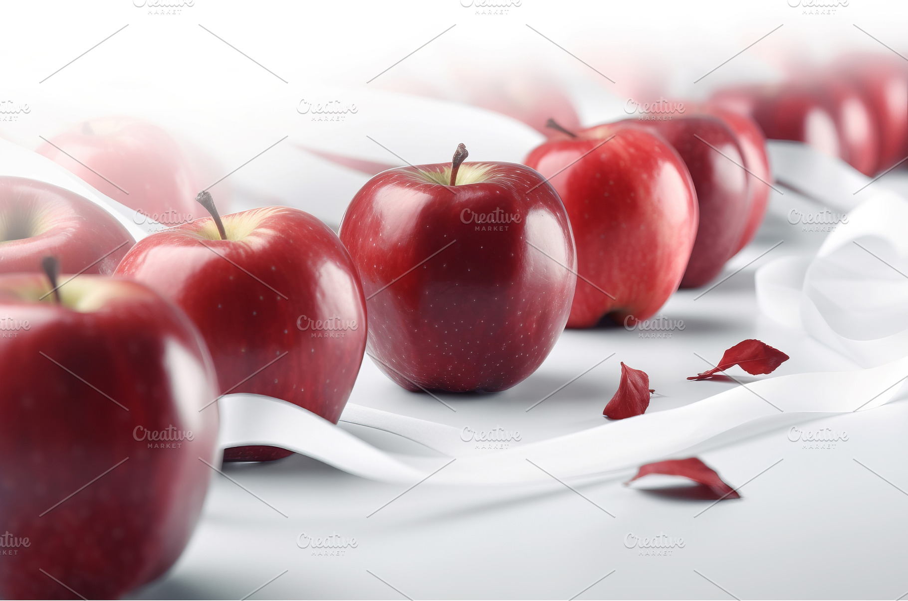 Red apples with white ribbon, a Background Photo by Ylivdesign