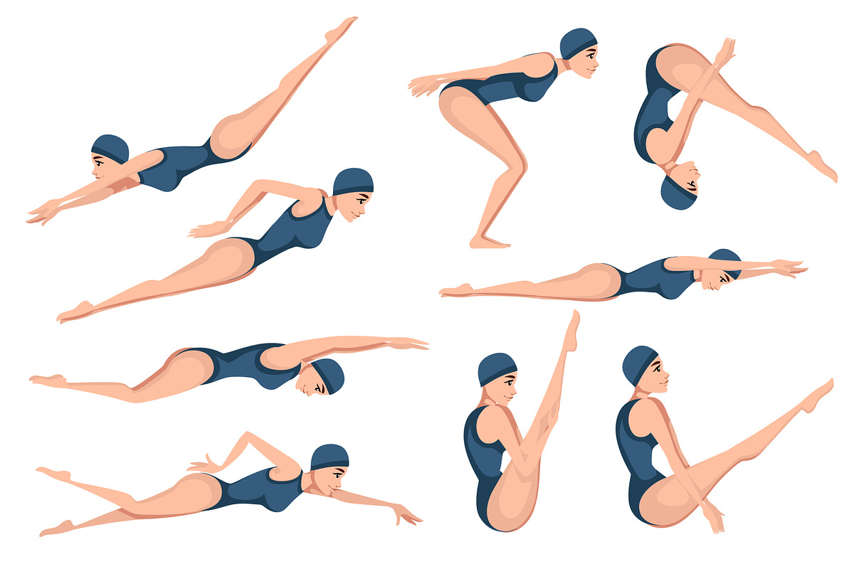 Set of athlete woman in blue, a Healthcare Illustration by Alfmaler