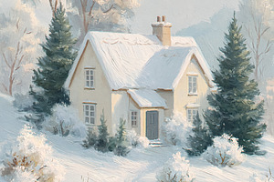 Cozy winter cottage on a snowy hill with pine trees and a picket, a Photo by Studio ANNA