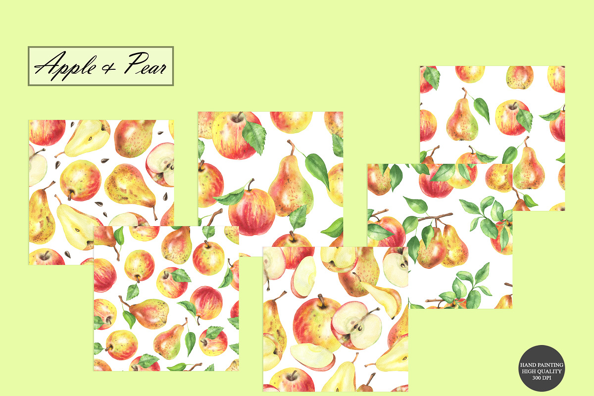 Watercolor Apple & Pear Patterns, a Food Illustration by OlDm_Shop (Photo 8 of 10)