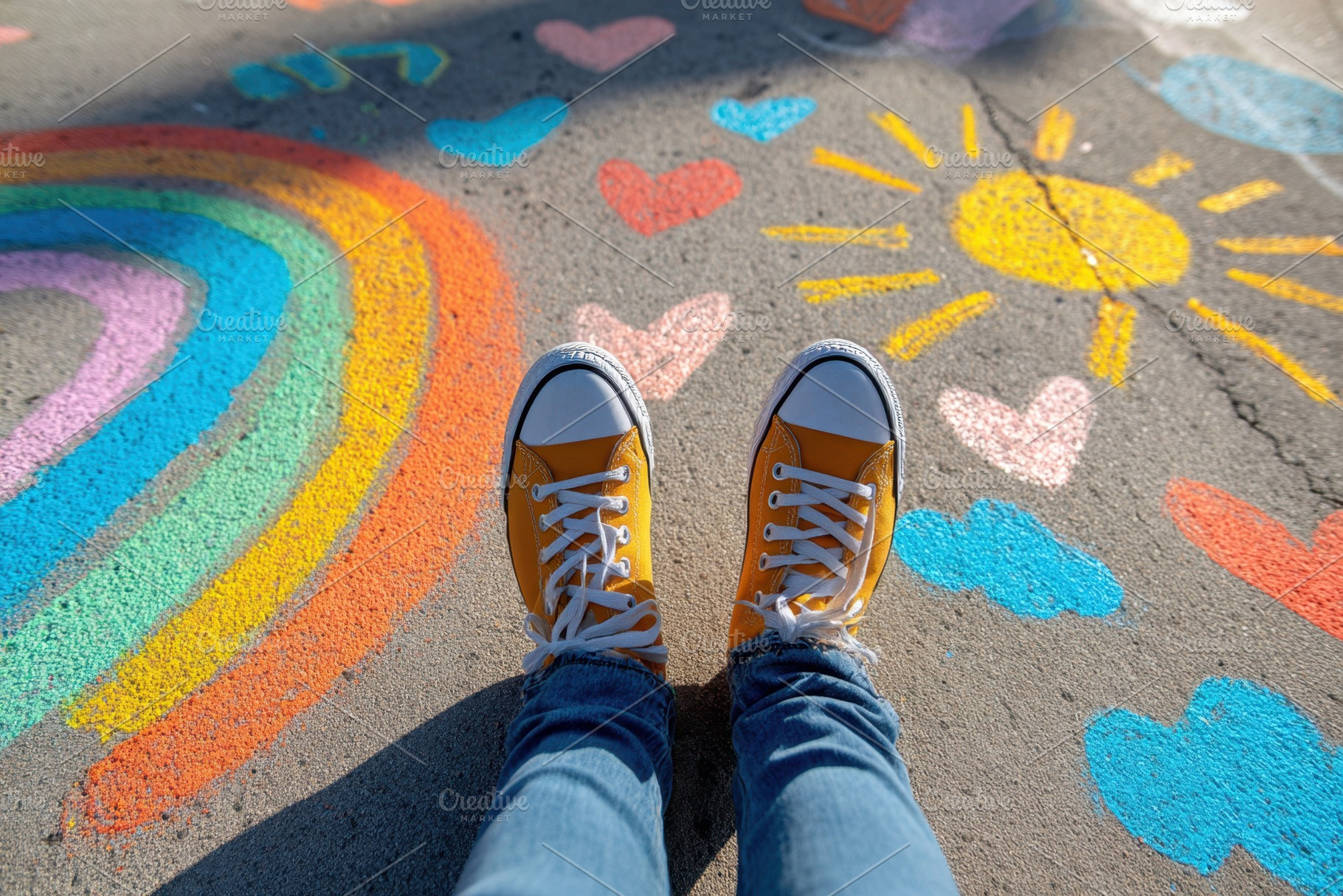Colorful sidewalk art with yellow sneakers, an Arts & Entertainment Photo by AlyaAnd