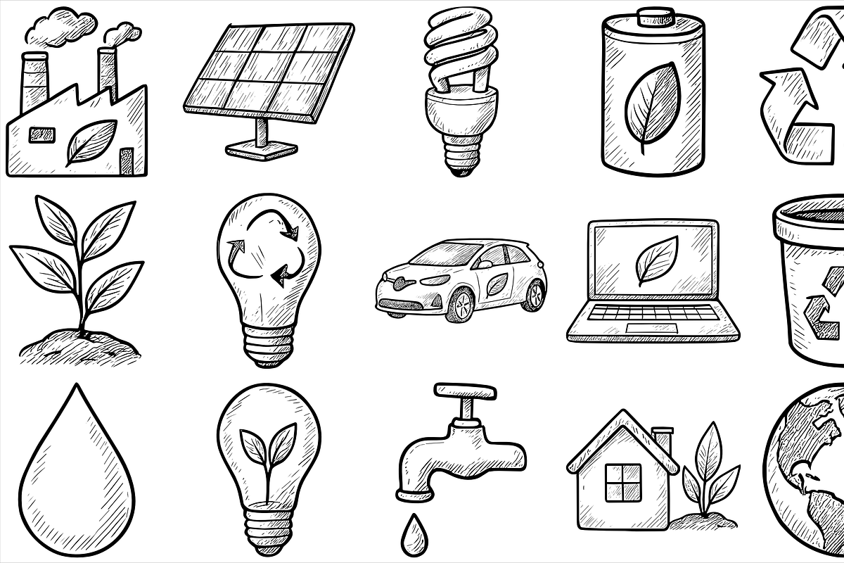Eco Energy Doodle Icon Set, an Object Graphic by nikagraphic