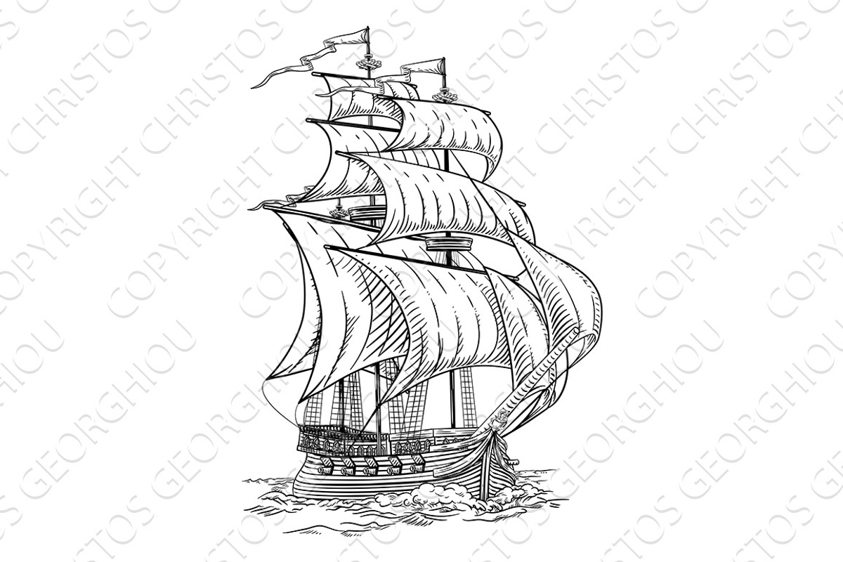 Old Vintage Ship Pirate Sail Boat, an Illustration by Christos Georghiou