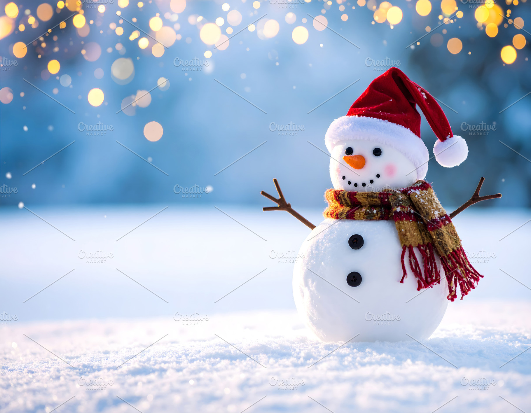 Snowman with scarf and Santa hat under winter lights, a Holiday Photo by GoodGoods