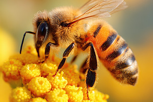 Close-up of a honeybee gathering nectar from vibrant yellow flowers in a sunny, a Photo by AlyaAnd