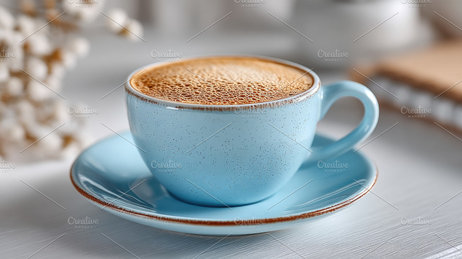 Minimal Blue Coffee Cup with Creamy Foam on Saucer in Soft Neutr, a Food & Drink Photo by José Manuel Gelpi
