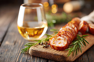 Smoked sausage on a wooden board with a glass of drink on a rustic table settin, a Photo by AlyaAnd