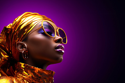 Black woman with luxury sunglasses isolated on a purple background, a Person Photo by ImageMir