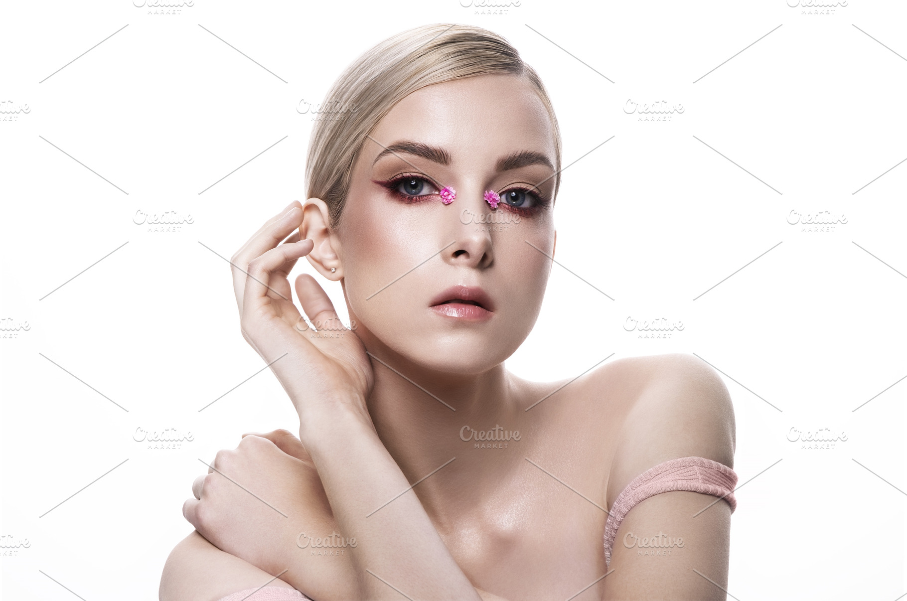 A womans face closeup with pink, a Beauty & Fashion Photo by korabkova