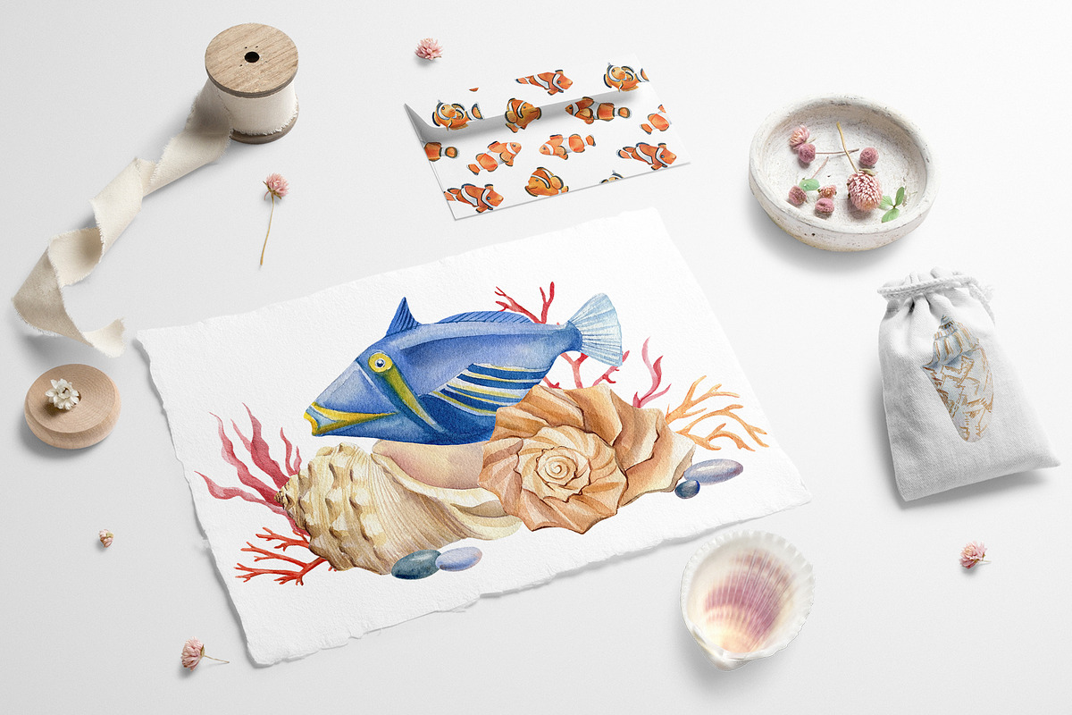 Seashells and fish, watercolor, an Animal Illustration by Hanna Hryharenka (Photo 2 of 20)