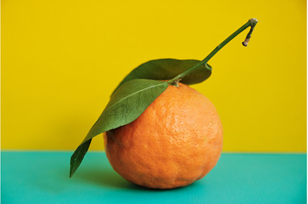 one tangerine with leaf on a yellow, a Food & Drink Photo by Rohan Photography