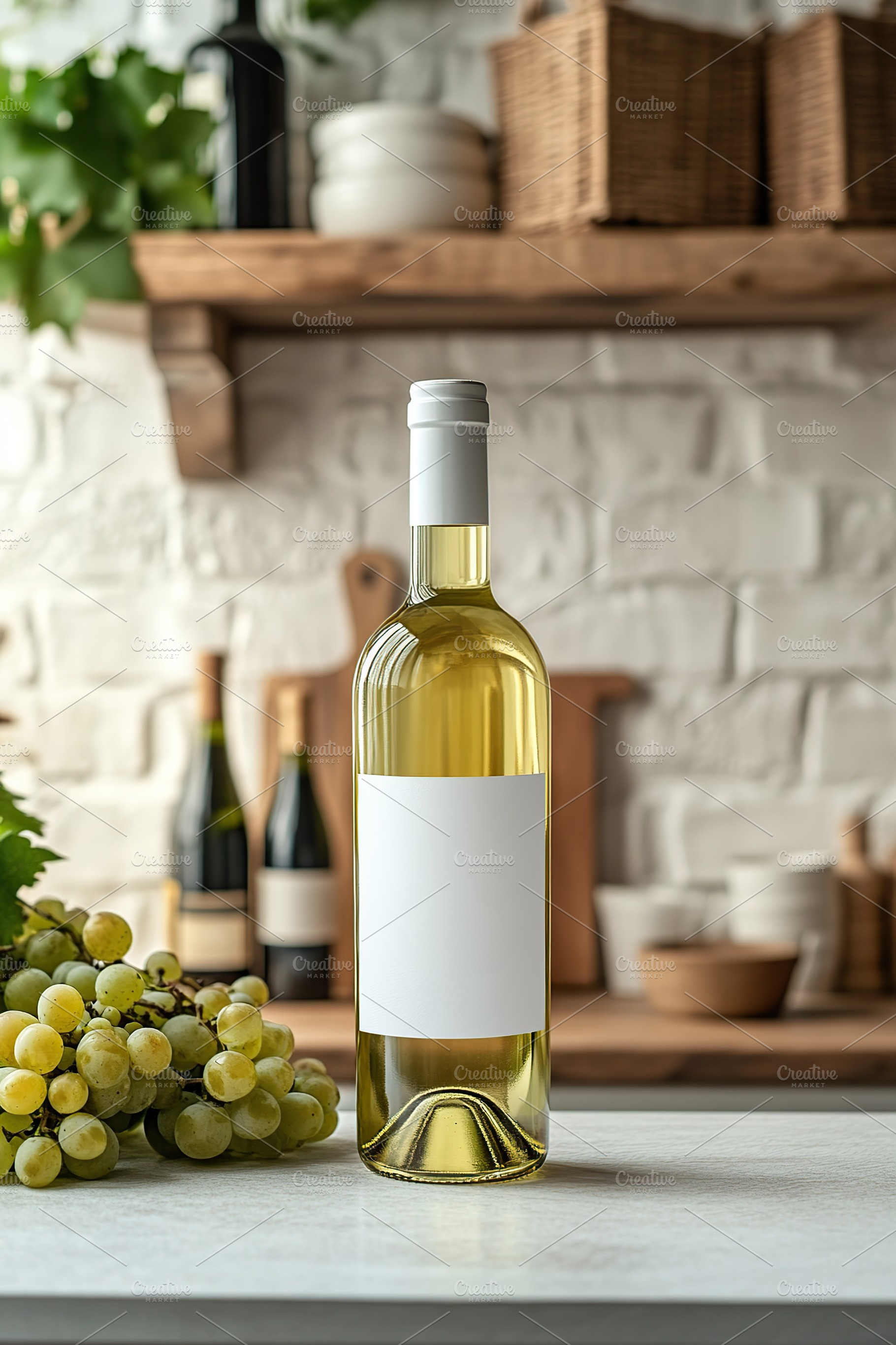 White wine bottle with blank label placed on kitchen counter surrounded by fres, a Food & Drink Photo by AlyaAnd