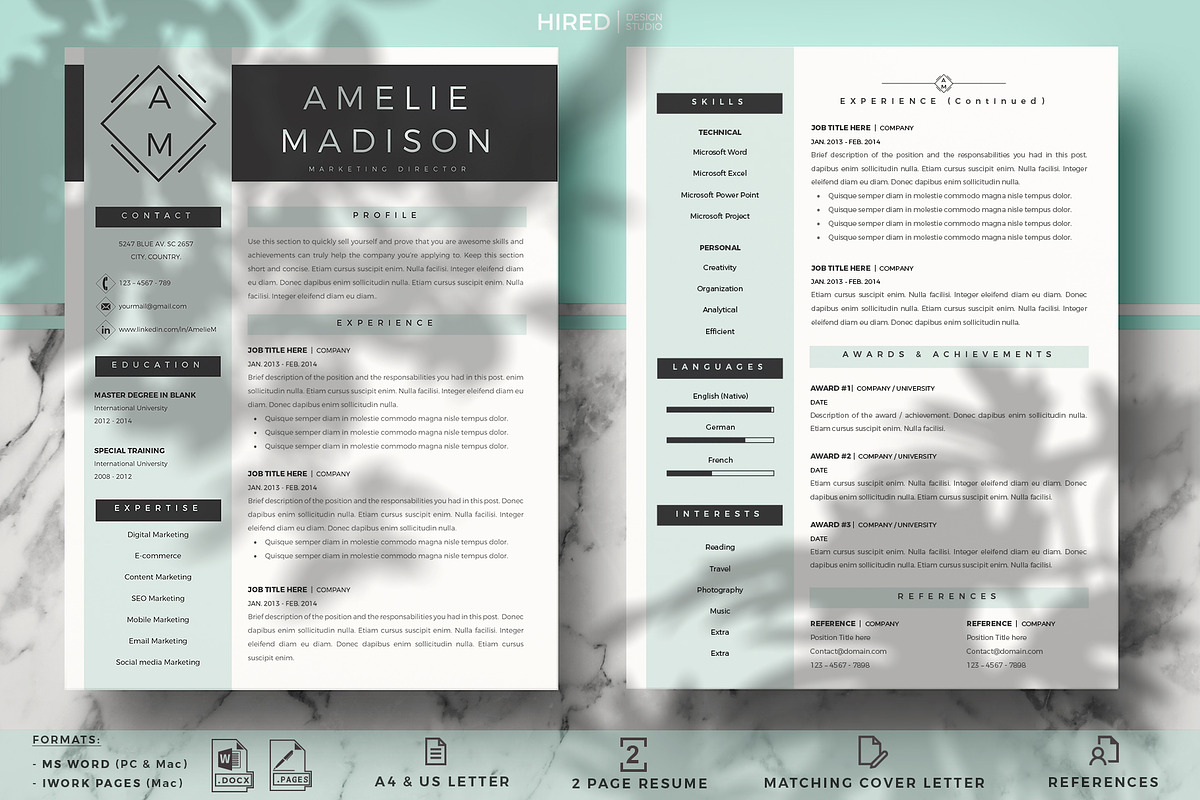 Marketing Resume CV for Word & Pages, a Resume Template by HIRED Design Studio (Photo 2 of 11)