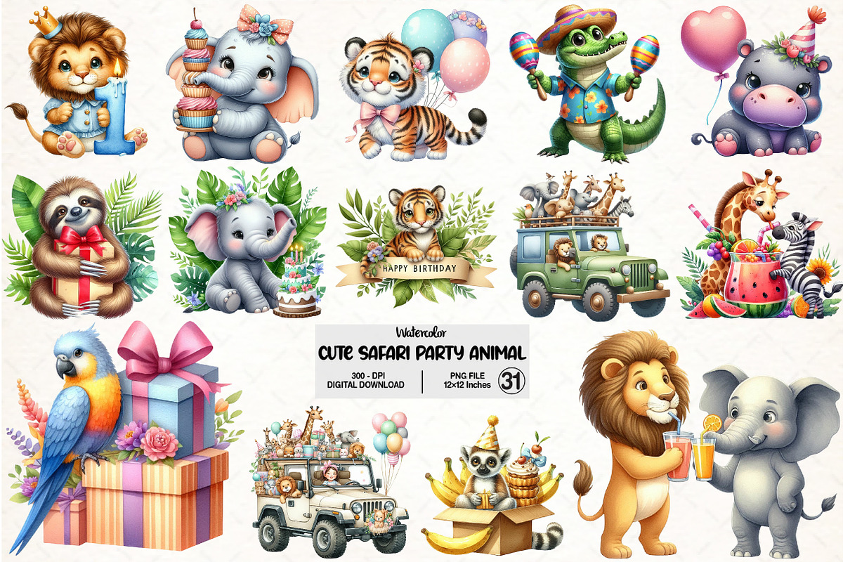 Cute Safari Party Animal Watercolor, an Illustration by Pixels.Craft (Photo 1 of 7)