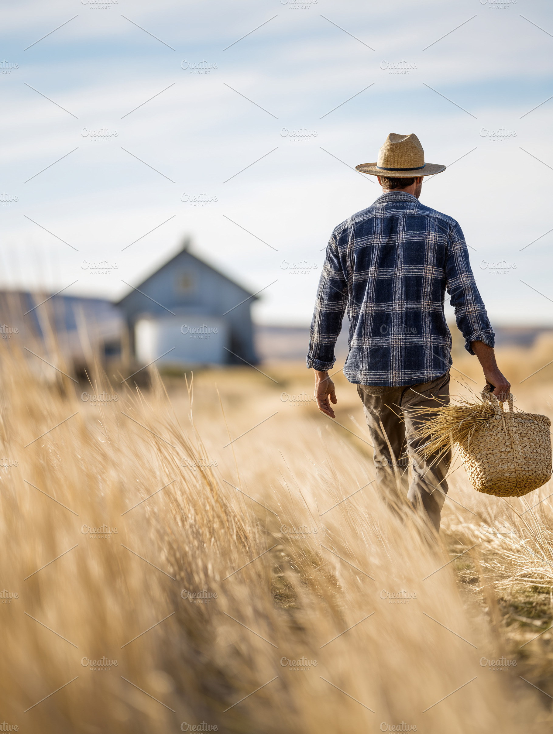 Farmer walking through golden field, an Industrial Photo by MistyDay